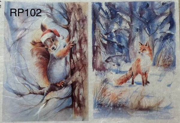 Christmas (RP102) - Squirrel Wearing a Santa Hat Climbing Tree/Fox in the Forest