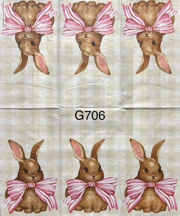 Easter (G706) - Bunny with a Pink and White Striped Bow and Checked Background