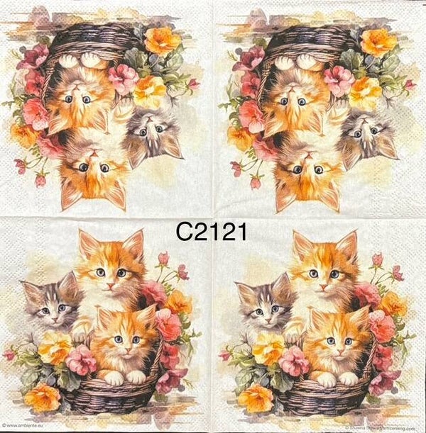 Cats (C2121) - Three Kittens in a Basket with Flowers
