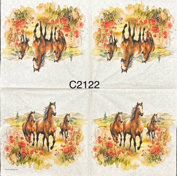 Horses (C2122) - Three Horses Running in a Field with Red Roses Close By