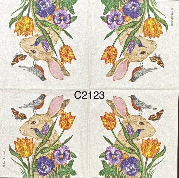 Easter (C2123) - Bunny with Bird Sitting on Head and Flowers in Front