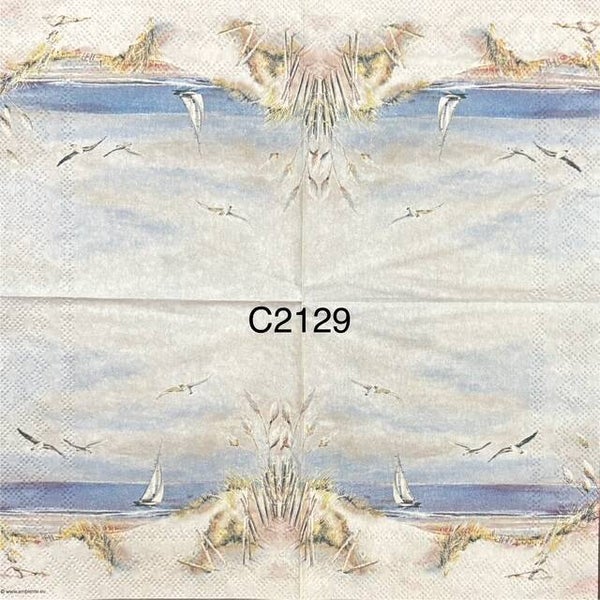 Beach (C2129) - Sailboat on the Water with Seaguls Flying Around