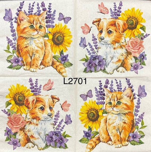 Cats (L2701) - Kitten with Sunflower and Butterfly and Puppy with Sunflower and Butterfly