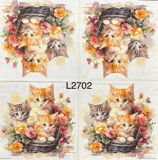 Cats (L2702) - Three Kittens in a Basket with Flowers