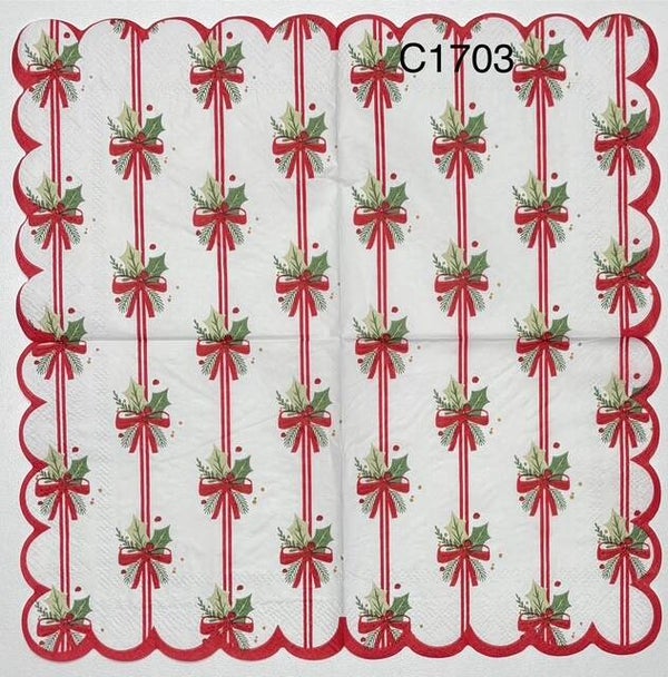 Christmas (C1703) - Holly and Berries with Red Ribbon Stripes