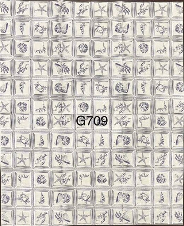 Beach (G709) - Blue and White Check with Shells, Starfish, Crabs, Sailboats, Lobsters, etc