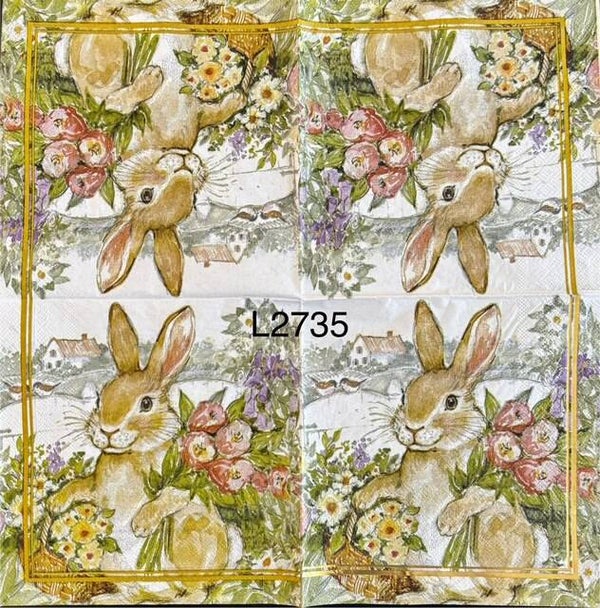 Easter (L2735) - Bunny Holding Wicker Basket and Bouquet of Flowers in the Field