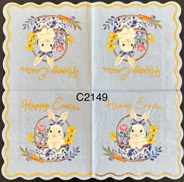 Easter (C2149) - Bunny in a Basket with a Blue and White Bow, Happy Easter