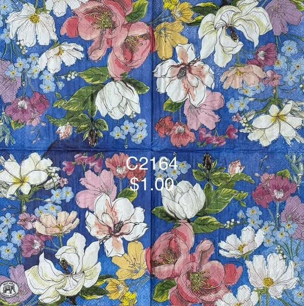 Flowers (C2164) - MDW White, Pink, Purple, Yellow and Blue Flowers with Blue Background