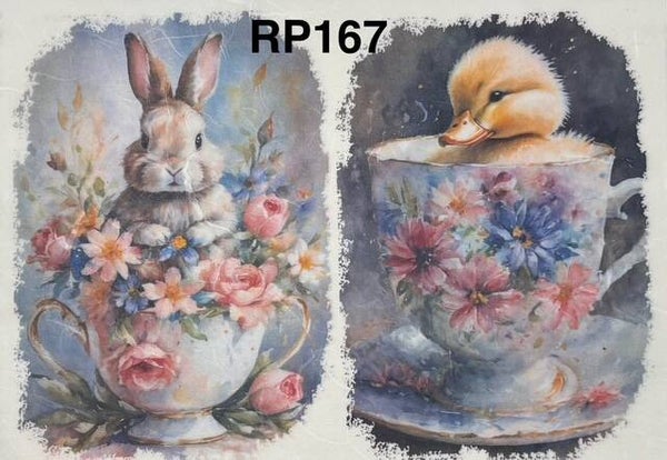Easter (RP167) - Bunny and Duck in Floral Teacups Watercolor