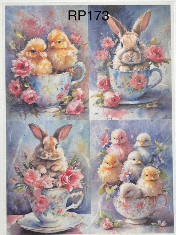 Easter (RP173) - Peeps and Rabbits in Teacups with Flowers Watercolor