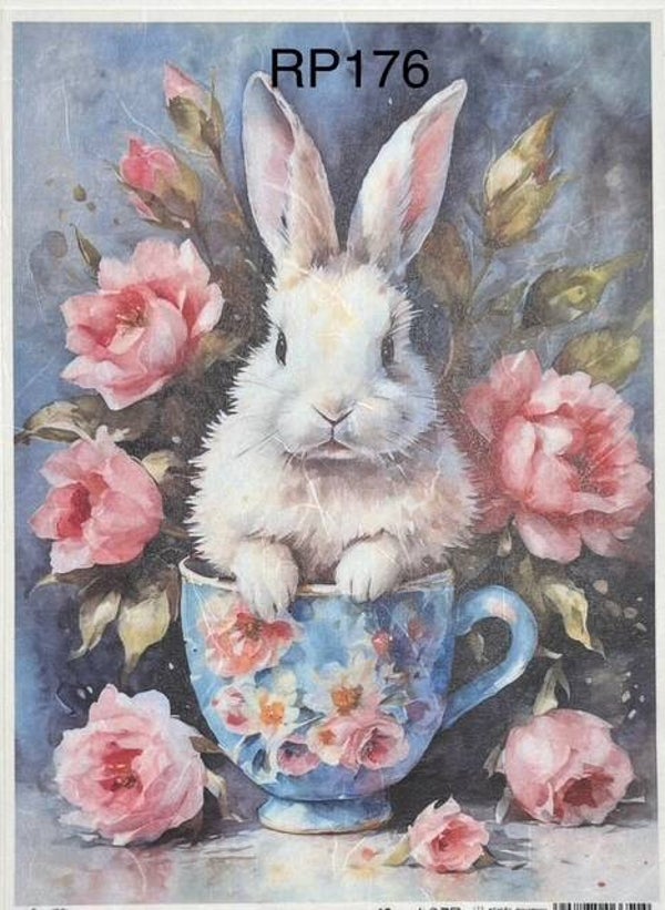 Easter (RP176) - Rabbit in Teacup with Pink Flowers Watercolor