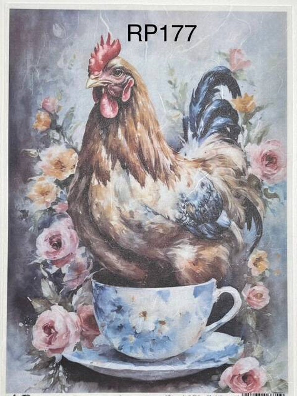 Birds (RP177) - Chicken in Teacup with Flowers Watercolor