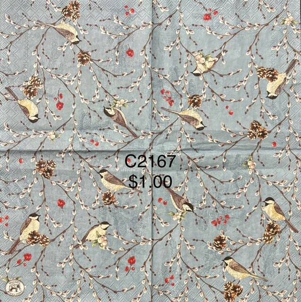 Winter (C2167) - MDW Willows with Red Flowers and Birds on Branches on a Blue Background