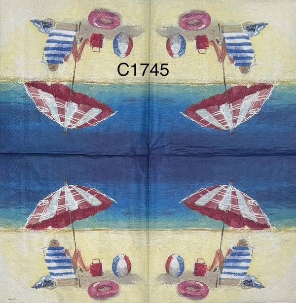 Beach (C1745) - Woman Sitting in Beach Chair, with an Umbrella, and Life Preserver
