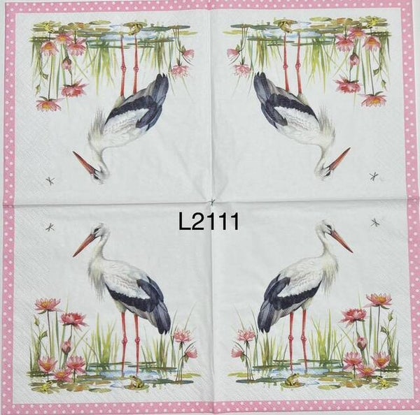 Birds (L2111) - Heron in Water with Pink Flowers