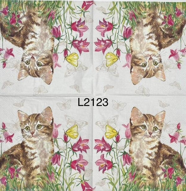 Cats (L2123) - Cat Sitting in Flower Field with Butterflies