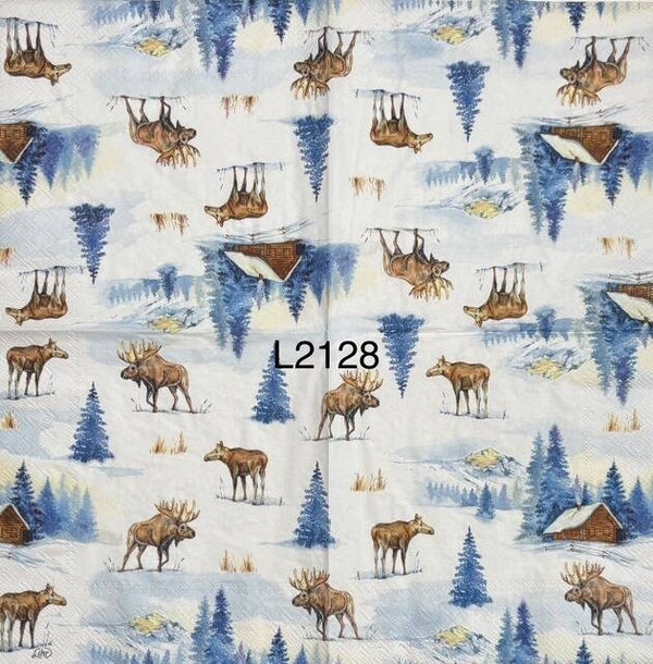 Winter (L2128) - Elk/Moose by Cabin in the Mountains