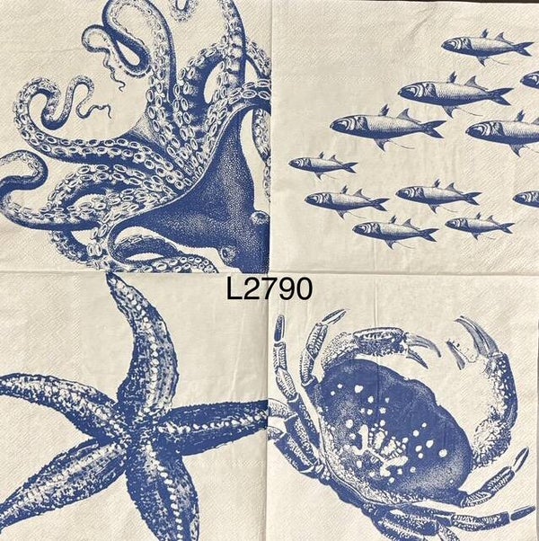 Beach (L2790) - Blue and White Fish, Octopus, Starfish and Crab 4 Different Panels