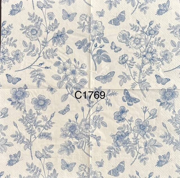 Flowers (C1769) - Blue and White Flowers and Butterflies