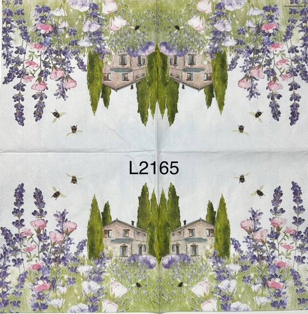 Scene (L2165) - Country Scene with Tall Pines, a Cottage, Flowers and Bees