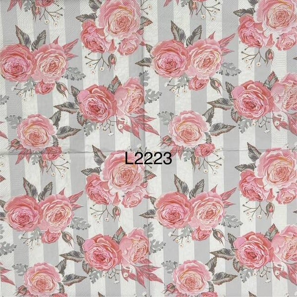 Flowers (L2223) - Pink Roses with Gray and White Stripes