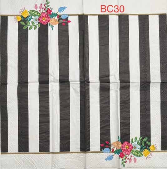 Design (BC30) - Black and White Stripes with Flowers on Bottom Right Corners