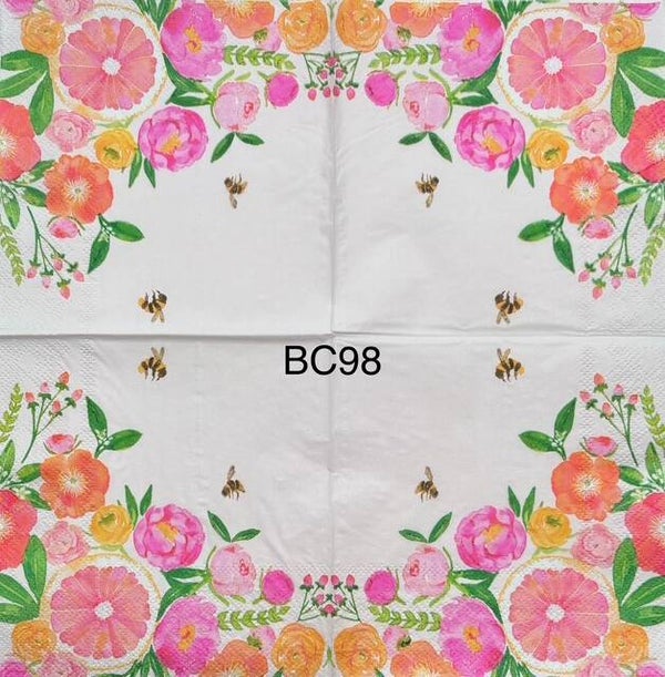 Flowers (BC98) - Pink, Orange, and Yellow Flowers with Bees Flying Around