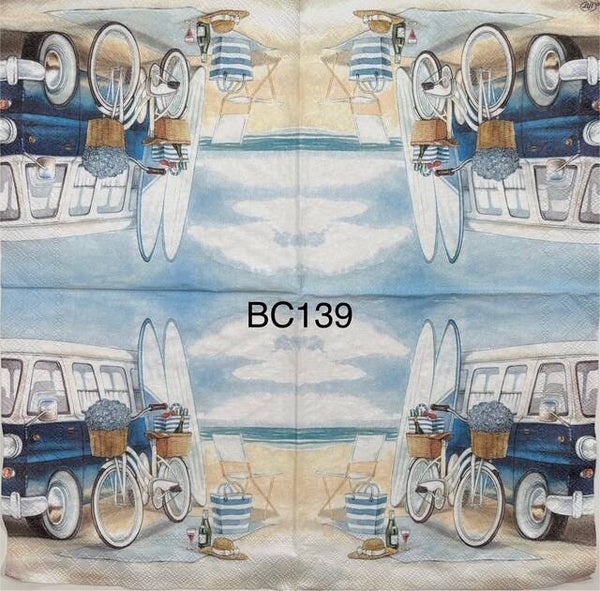 Beach (BC139) - Volkswagon Bus with Surfboards and Bicycle at Beach