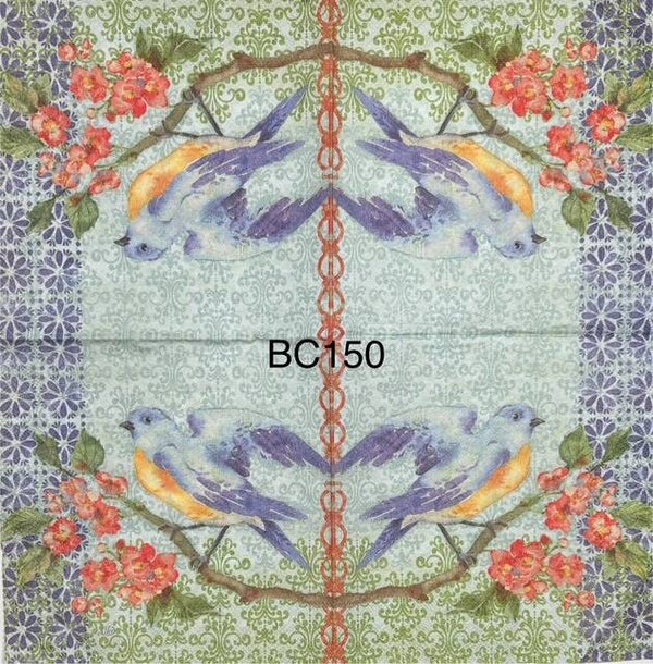 Birds (BC150) - Blue and Yellow Bird on Branch with Orange/Pink Flowers