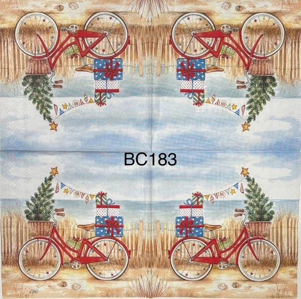 Christmas (BC183) - Beach Scene Bicycle Against Fence with Christmas Tree in Basket and Gifts on Back
