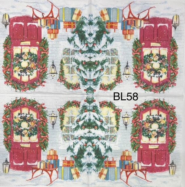 Scene (BL58) - Winter Scene with Red Front Door and Sled with Gifts