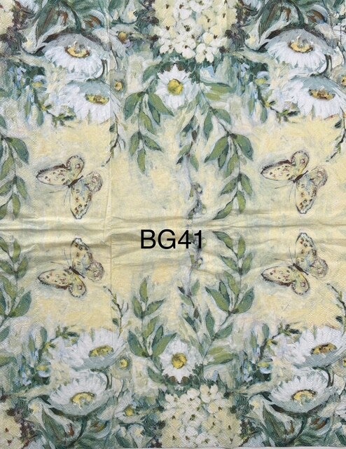 Flowers (BG41) - White Daisies with Yellow Butterflies and Pale Yellow Background