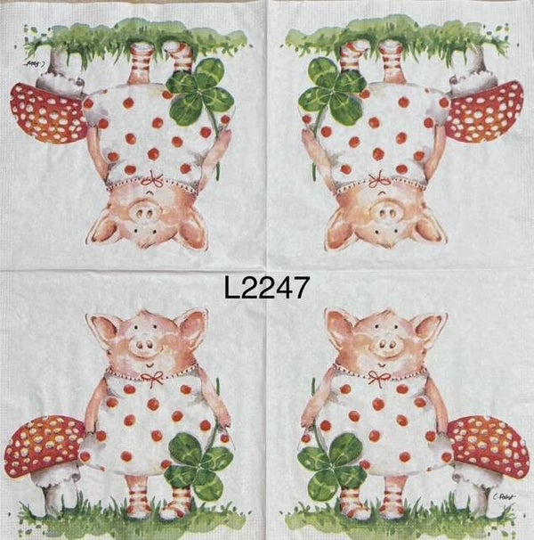 Animals (L2247) - Pig Holding a 4 Leaf Clover and a Standing Next to a Red Mushroom