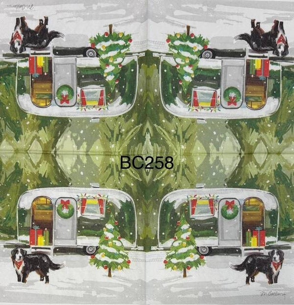 Dogs (BC258) - Camper with Christmas Tree and Black Dog Outside
