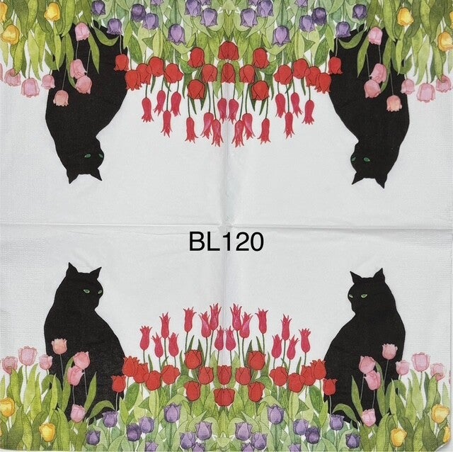 Cats (BL120) - Black Cat in Tulip Field