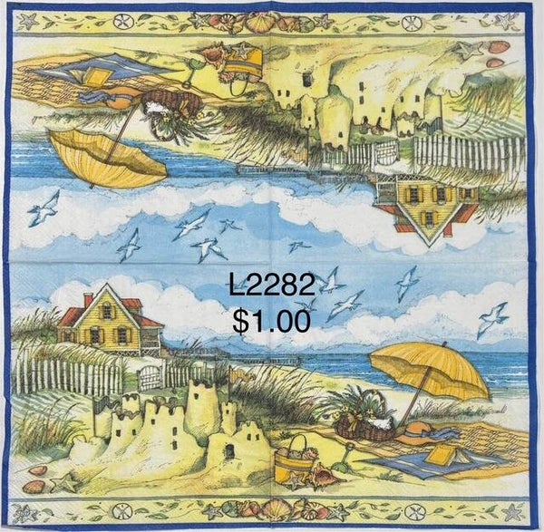 Beach (L2282) - Sand Castles, Towel, Umbrella, House, and Beach Scene