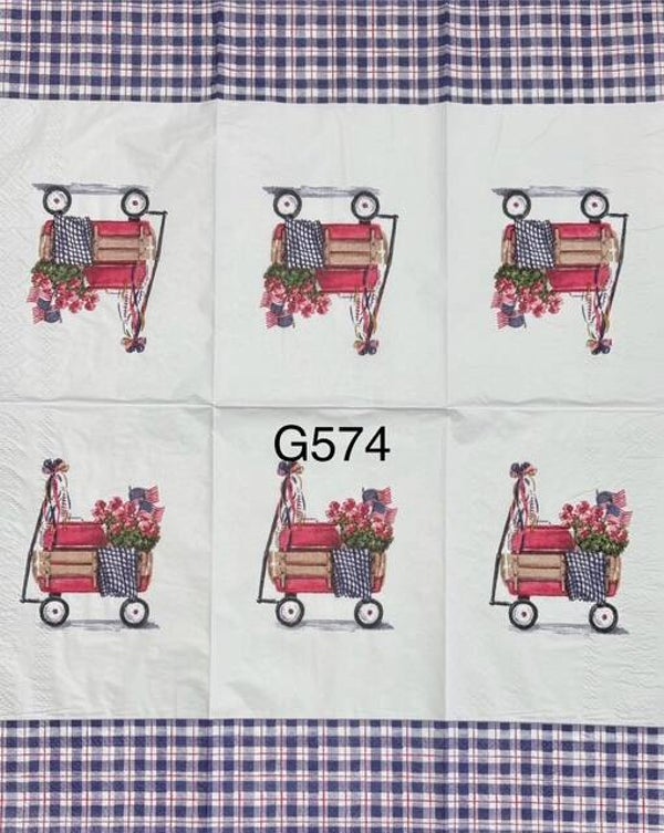 4th of July (G574) - Red Wagon with Red, White, and Blue Flag/Flowers