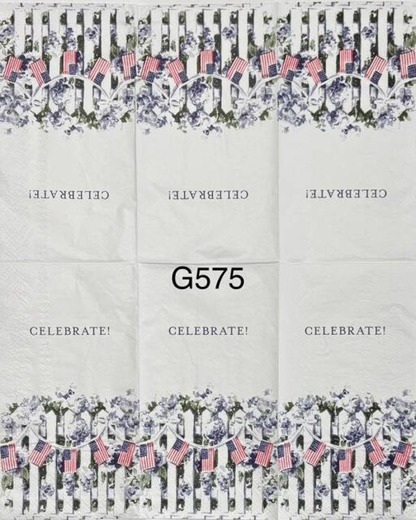 4th of July (G575) - White Picket Fence with Flags Hanging, CELEBRATE!
