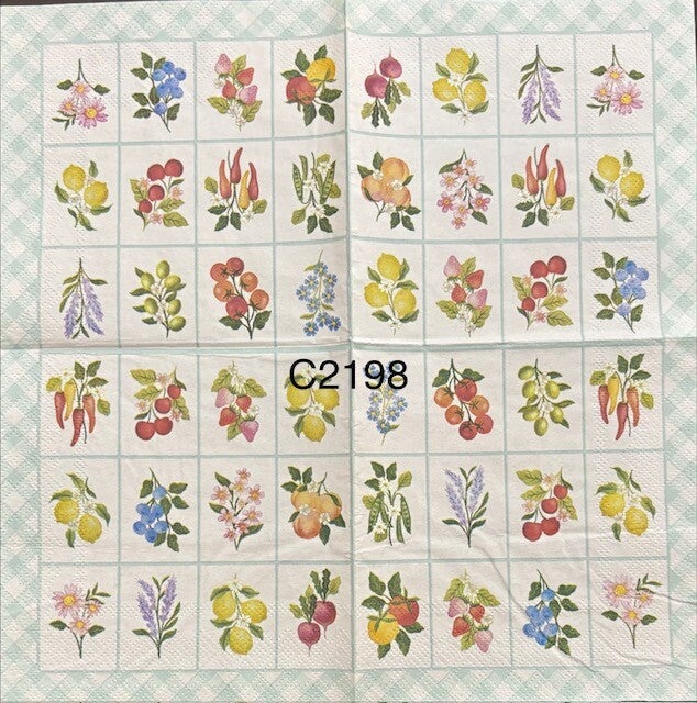 Fruits (C2198) - Small Pictures of Different Fruits Like Lemons, Radishes, Peaches, Strawberries, etc.