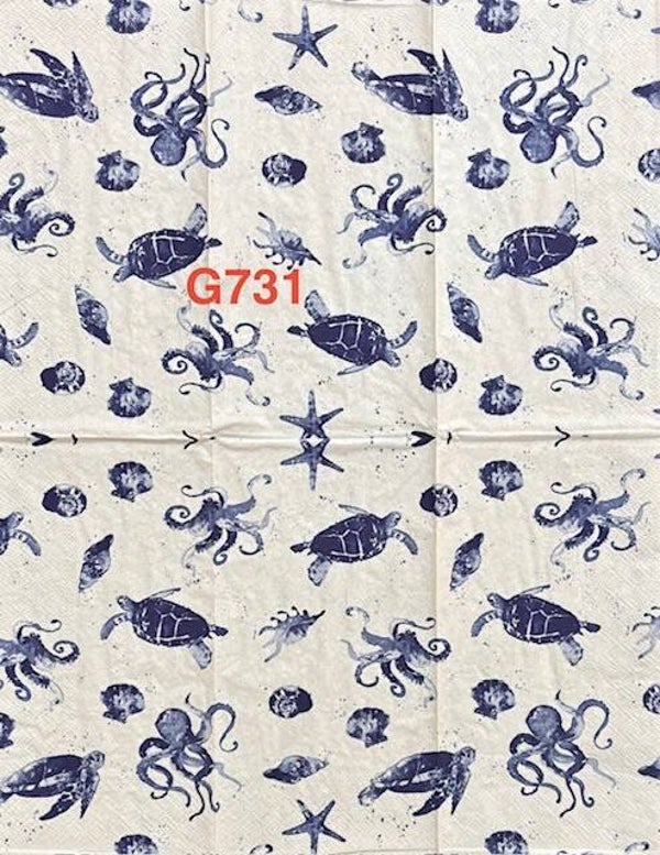 Beach (G731) - Turtles, Octopus, Shells, Starfish Background in Blue and White