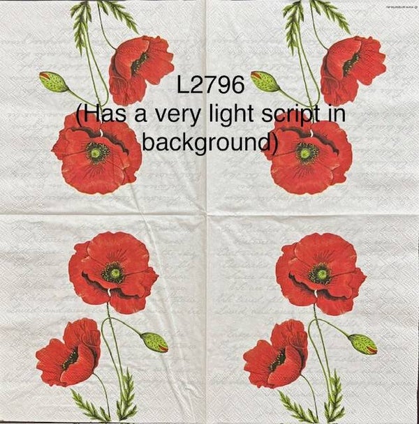 Flowers (L2796) - Red Poppy Flowers Against a Very Light Script in the Background