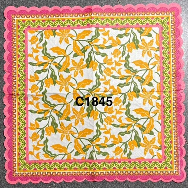Flowers (C1845) - Yellow/Gold Flowers with Pretty Border of Pink, Yellow, and Green