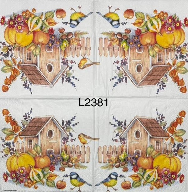 Fall (L2381) - Birdhouse with Birds and Fall Fruits and Vegetables on Ground