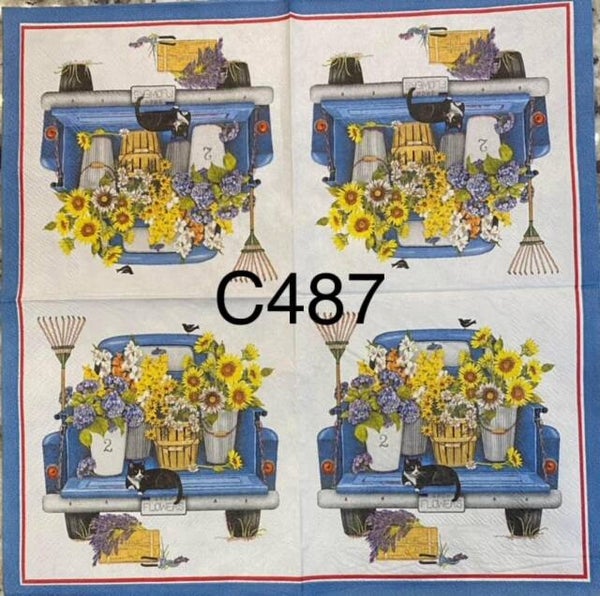 Fall (C487) - Blue Truck with Sunflowers in Trunk