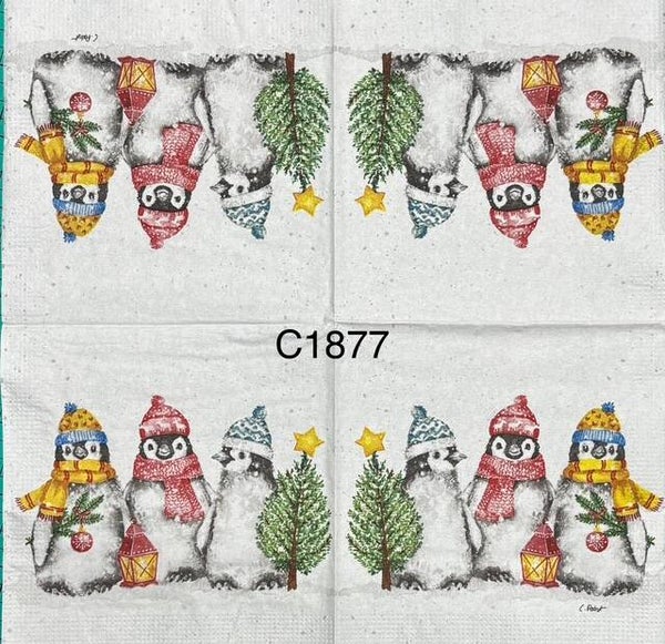 Christmas (C1877) - Three Penguins with Hats and Scarves, Holding a Christmas Tree and Lantern