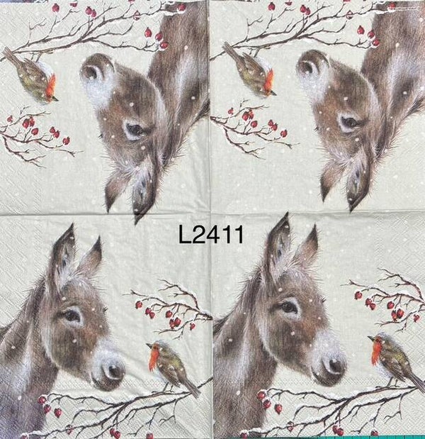Winter (L2411) - Donkey Looking at Robin on Branch