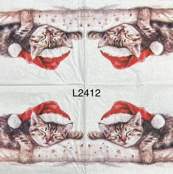 Cats (L2412) - Kitten Wearing a Santa Hat Sleeping on a Pillow