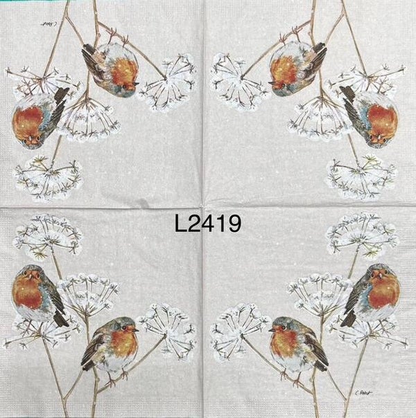 Winter (L2419) - Two Robins Sitting on Dandelion Plant