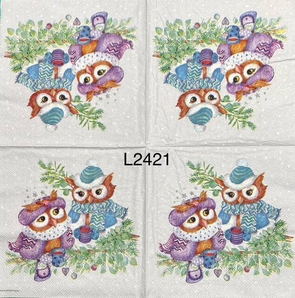Winter (L2421) - Two Owls with Hats and Scarves